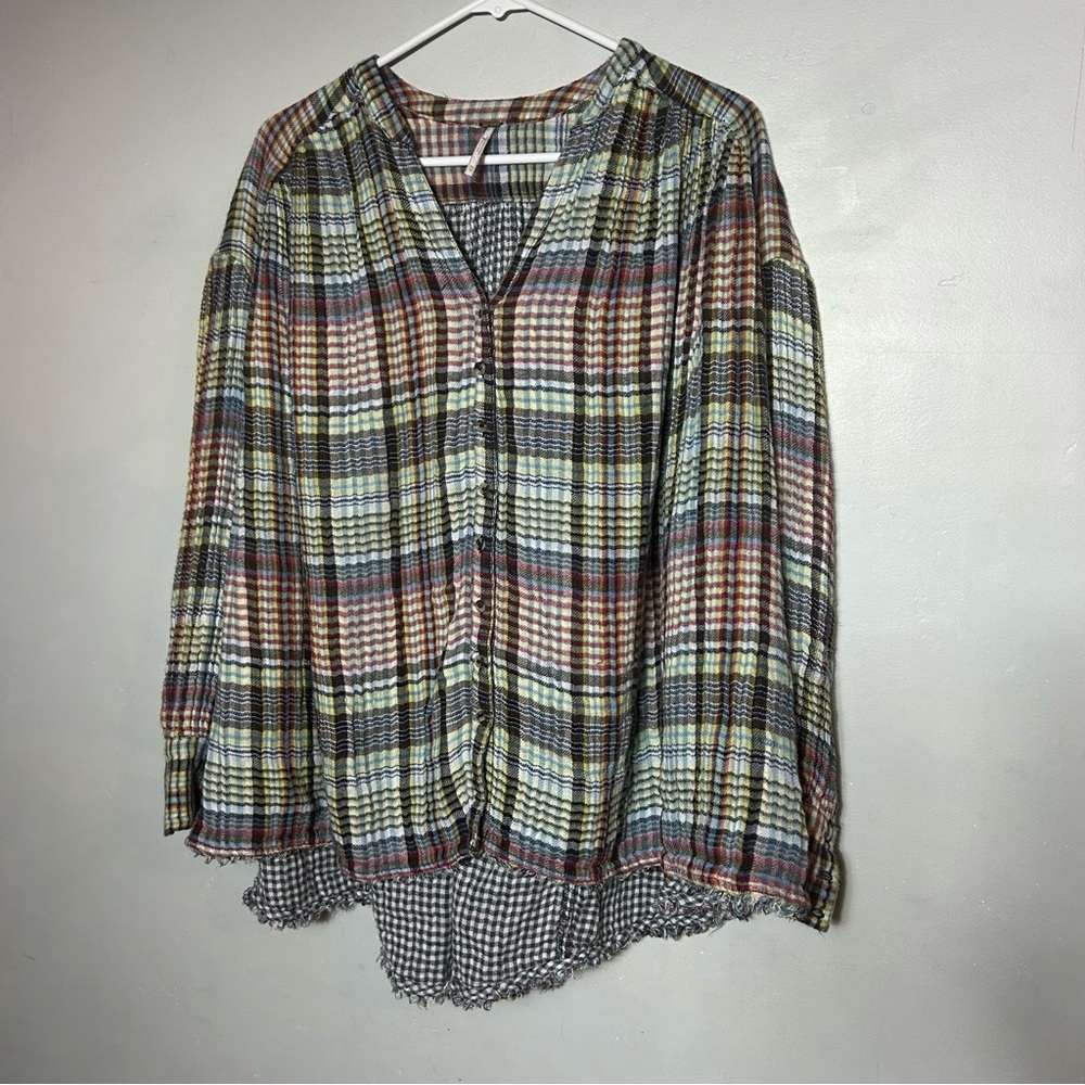 Free People Come On Over Plaid Oversized Button Down Blouse - Picture 1 of 8